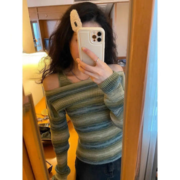 Getadme-Harajuku Off Shoulder Knitted Sweater Women Vintage Green Striped Jumper Fairycore Slim Two Piece Sets Y2K Tops E-girl